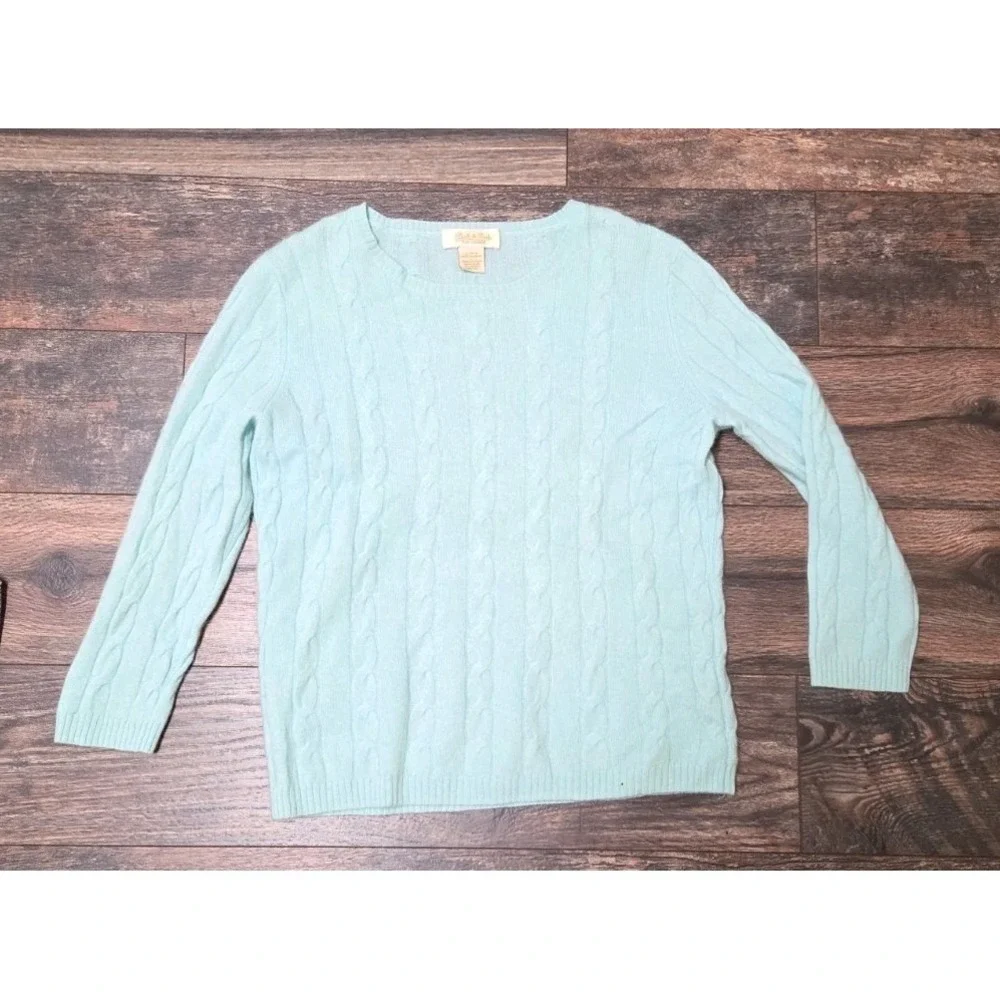 Peck And Peck Pure Cashmere 2 Ply‎ Womens L Light Blue/Aqua Cable Sweater Vntg